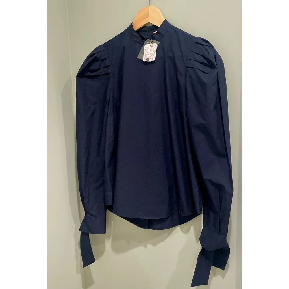 Free People Navy Blue Mock Neck Puff Sleeve‎ Button Back Top XS NWT